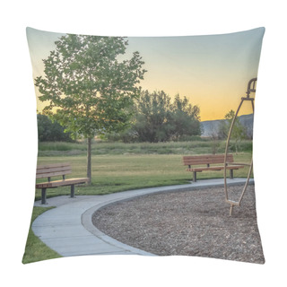 Personality  Square Playground And Benches At A Park Against Trees Mountain And Sky At Sunset Pillow Covers