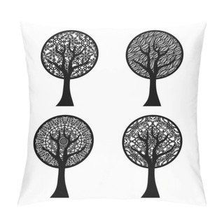 Personality  Set Of Four Abstract Stylized Trees. Round Crowns From Snowflakes, Leaves, Patterns, Lace Ornament. Symbolizes Seasons - Spring, Summer, Winter, Autumn. Black Silhouettes Isolated On White Background. Pillow Covers