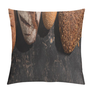 Personality  Top View Of Fresh Baked Bread On Stone Black Surface, Panoramic Shot Pillow Covers