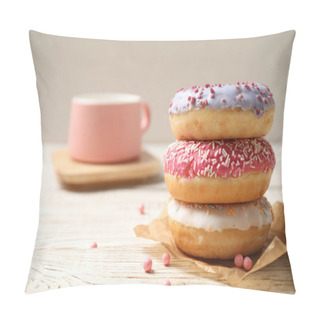 Personality  Delicious Glazed Donuts On White Wooden Table. Space For Text Pillow Covers