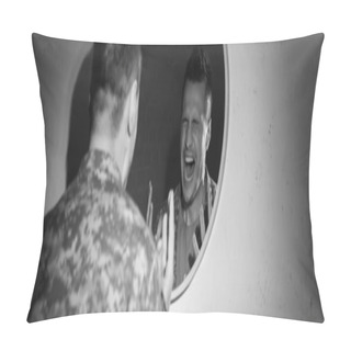 Personality  Black And White Photo Of Stressed Soldier With Emotional Distress Screaming Near Mirror At Home, Banner  Pillow Covers