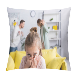 Personality  Scared Child Standing Near Parents Quarrelling In Living Room On Blurred Background  Pillow Covers