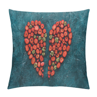 Personality  Top View Of Halved Heart Sign Made Of Strawberries On Blue Concrete Surface Pillow Covers