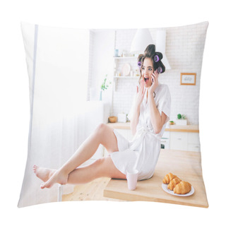 Personality  Emotional Young Careless Woman Sit On Table And Talk On Phone. Amazed Housekeeper In Kitchen. Wearing White Dressing Gown. Life Without Work. Stylish Woman With Curlers In Hair. Pillow Covers