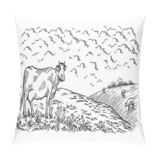Personality  Healthy Breakfast Drawing Sketch Glass Milk Bottle Iron Can Cup Field Cow Vilage Vector Pillow Covers