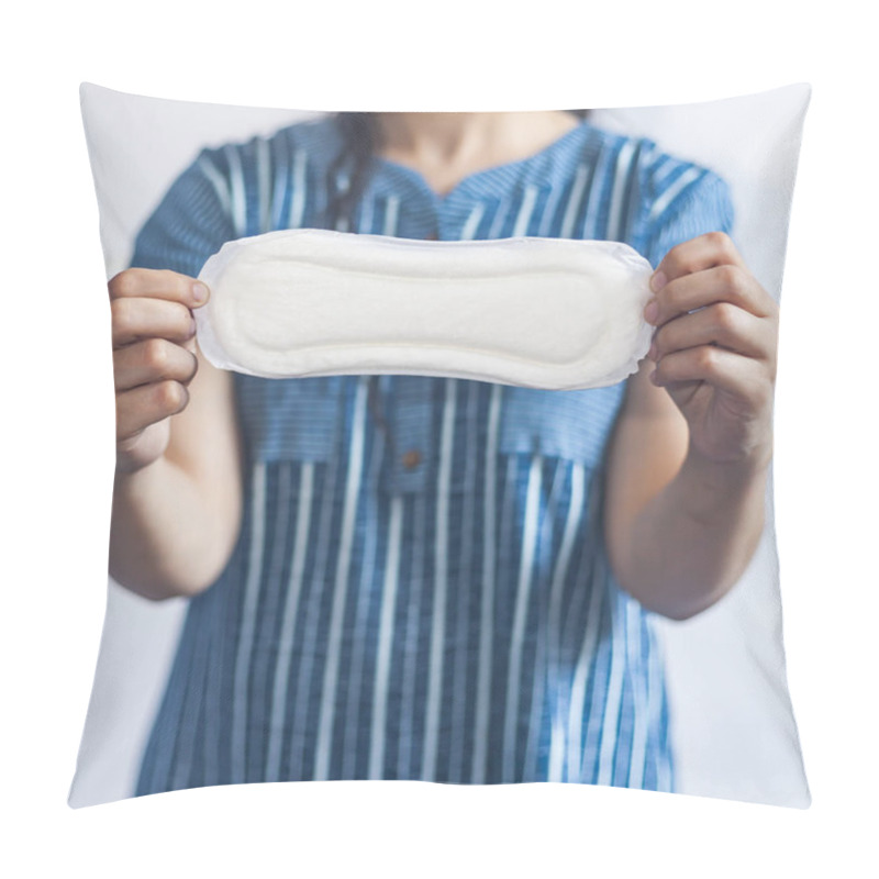 Personality  Female's Hygiene Products. Woman In Medical Gloves Holding Sanitary Pads Against White Background. Period Days Concept Showing Feminine Menstrual Cycle. Pillow Covers