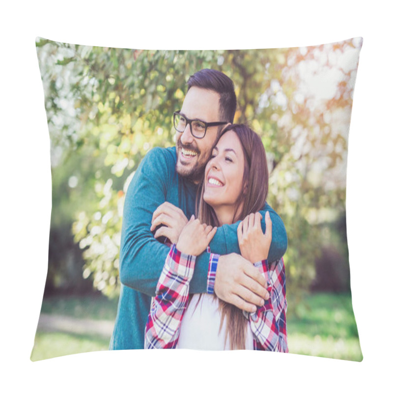 Personality  Happy couple in love having fun outdoors and smiling. pillow covers