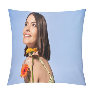 Personality  A Young Woman With Brunette Hair Holding A Delicate Flower In Her Hand, Exuding Grace And Natural Beauty. Pillow Covers