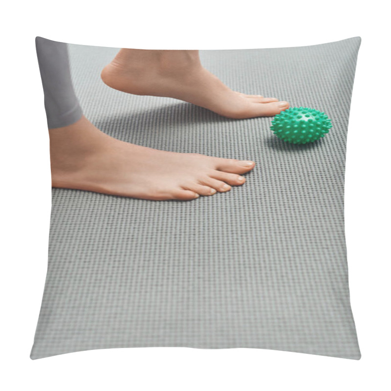 Personality  Cropped View Of Barefoot Woman Standing On Fitness Mat Near Manual Massage Ball At Home, Body Relaxation And Holistic Wellness Practices, Balancing Energy Pillow Covers