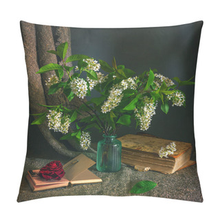 Personality  Still Life With A Bouquet Of Bird Cherry And Books. Vintage. Romance. Pillow Covers