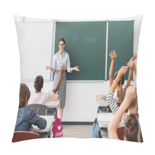 Personality  Back View Of Multiethnic Pupils With Hands In Air, And Teacher Standing With Open Arms Near Chalkboard With Back To School Lettering Pillow Covers