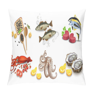 Personality  Tuna Fish, Caviar, Squid, Oysters And Octopus Seafood Set. Vector Realistic Detailed Illustrations Pillow Covers