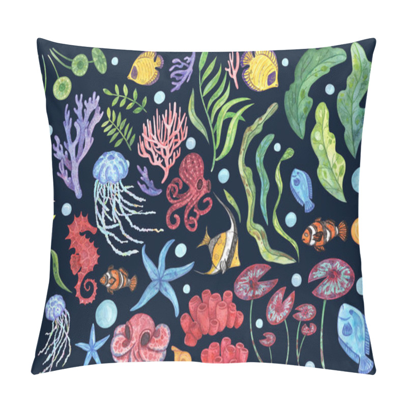 Personality  Big Watercolor Set Of Hand-drawn Illustrations On An Ocean Theme. Sea Reef Fish, Octopuses And Jellyfish, Corals, Seaweed And Plants, Air Bubbles And Snails For Colorful Summer Design Pillow Covers