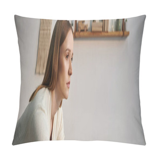 Personality  Young Depressed Grieving Woman Looking Away In Dark Nursery Room At Home, Horizontal Banner Pillow Covers