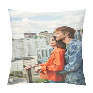 Personality  A Man And A Woman Stand On A Balcony, Gazing At The City Lights Below, Lost In The Beauty Of The Urban Landscape At Night Pillow Covers