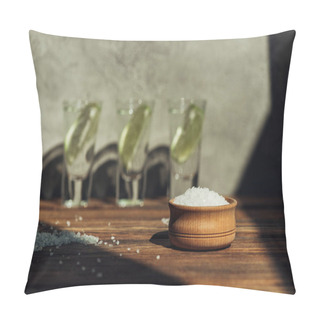 Personality  Selective Focus Of Salt In Bowl And Fresh Tequila With Lime On Wooden Surface In Sunlight Pillow Covers