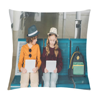 Personality  Cute Preteen Kids Sitting In Waiting Hall And Using Digital Tablets Pillow Covers