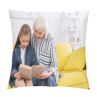 Personality  Smiling Grandmother Reading Book With Granddaughter At Home  Pillow Covers