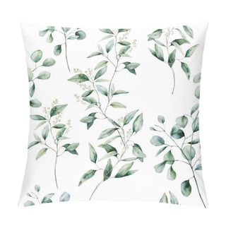 Personality  Watercolor Different Eucalyptus Seamless Pattern On White Background. Hand Painted Isolated Eucalyptus Branch And Leaves. Floral Illustration For Design, Print, Fabric Or Background. Pillow Covers