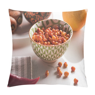 Personality  Bowl With Sea Buckthorn Surrounded Autumn Vegetables On Marble Surface Pillow Covers