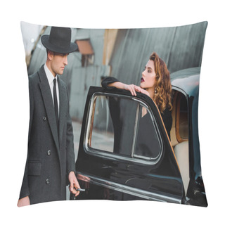 Personality  Handsome Man In Hat Opening Car Door Near Attractive Woman  Pillow Covers