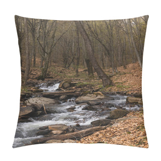 Personality  River Near Trees And Fallen Leaves On Hills In Mountain Forest  Pillow Covers