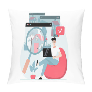 Personality  Real Estate Concept With People Scene In Flat Design. Man With Magnifier Studies Options For Houses For Sale And Chooses Location Of New Home. Illustration With Character Situation For Web Pillow Covers