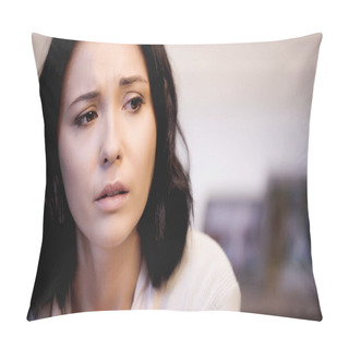 Personality  Portrait Of Depressed Brunette Woman In Beige Sweater At Home Pillow Covers
