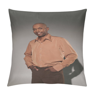 Personality  Real People, Happy African American Man With Myasthenia Gravis Standing With Hands In Pockets On Grey Background, Dark Skinned Person In Shirt, Smart Casual, Diversity And Inclusion, Ptosis Pillow Covers