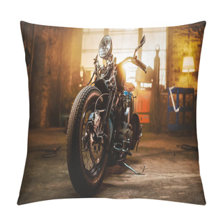 Personality  Custom Bobber Motorbike Standing In An Authentic Creative Workshop. Vintage Style Motorcycle Under Warm Lamp Light In A Garage. Pillow Covers
