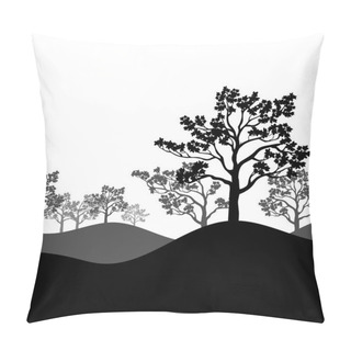 Personality  Tree Sakura Silhouette With Landscape. Vector Illustration. Pillow Covers