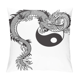Personality  Eastern Dragon And Yin Yang Symbol. Black And White Tattoo Vector Illustration Pillow Covers
