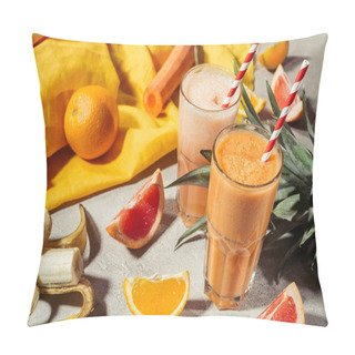 Personality  Glasses With Tropical Fruits Juice And Fruit Pieces On Grey Table Pillow Covers