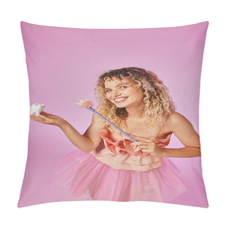 Personality  Playful Lovely Blonde Woman In Pink Tooth Fairy Costume Smiling And Casting Spell On Baby Tooth Pillow Covers