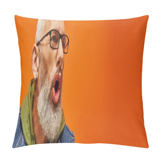 Personality  Handsome Mature Man In Green Hoodie With Beard Posing With Open Mouth On Orange Backdrop, Banner Pillow Covers