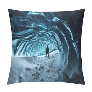 Personality  Blue Crystal Ice Cave Entrance With Tourist Climber And An Underground River Beneath The Glacier Located In The Highlands In Iceland Pillow Covers