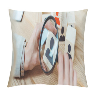 Personality  Panoramic Shot Of Recruiter Holding Magnifier Near Wooden Cube  Pillow Covers