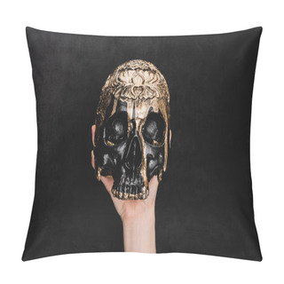 Personality  Cropped View Of Witch Holding Voodoo Skull On Black Pillow Covers