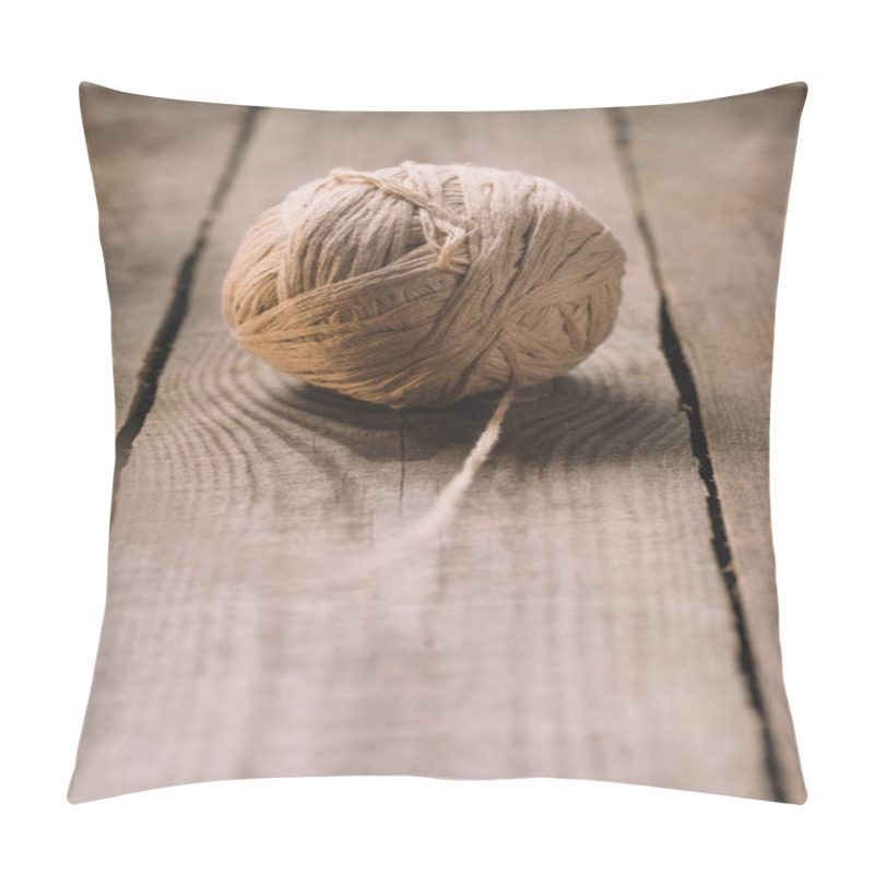 Personality  Selective Focus Of Beige Knitted Woolen Yarn Ball On Wooden Background  Pillow Covers