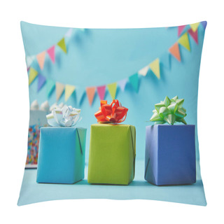 Personality  Gifts On Blue Background With Colorful Bunting Pillow Covers