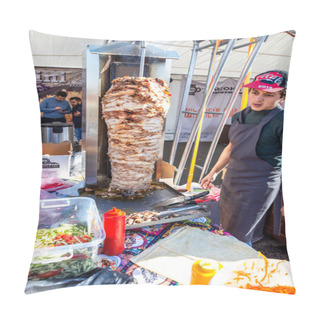 Personality  Samara, Russia - October 5, 2019: Cooking Traditional Fast Food Doner Kebab Meat On A Rotary Grill. Shawarma Is One Of The Most Popular Fast Food Pillow Covers