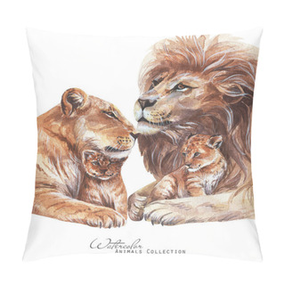 Personality  Lions Family Watercolor Illustration. Lioness  Lion Cub Portrait Pillow Covers