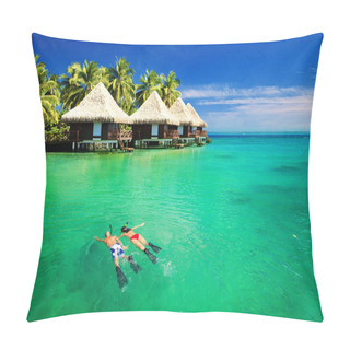 Personality  Couple Snorkling In Lagoon With Over Water Bungalows Pillow Covers