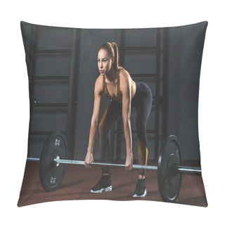 Personality  Front View Of Young Sportswoman Preparing To Raise Barbell In Sports Hall Pillow Covers
