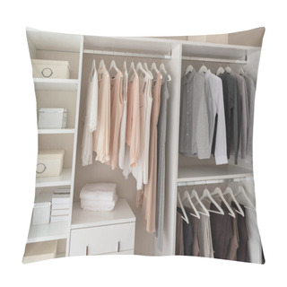Personality  Modern Closet With Clothes Hanging On Rail, White Wooden Wardrobe, Interior Design Concept Pillow Covers
