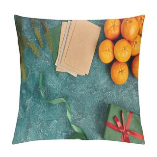 Personality  Greeting Letters And Mandarins Near Pine Branches And Decor Ribbon On Blue Textured Background Pillow Covers