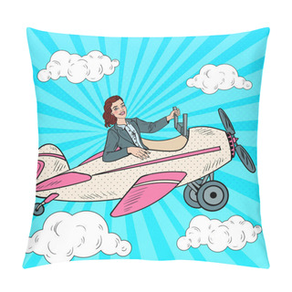 Personality Pop Art Business Woman Riding Vintage Airplane. Vector Illustration Pillow Covers