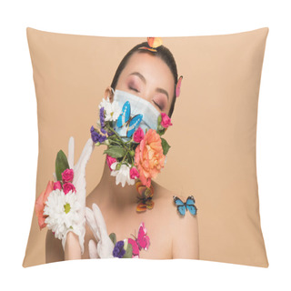 Personality  Beautiful Tender Asian Girl With Closed Eyes In Latex Gloves And Floral Face Mask With Butterflies Isolated On Beige Pillow Covers
