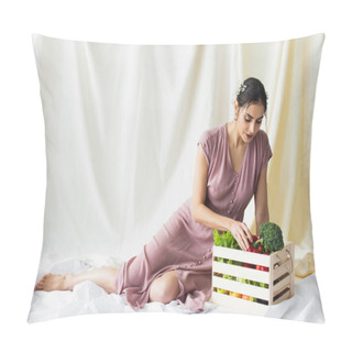 Personality  Brunette Woman Reaching Red Bell Pepper Near Vegetables In Wooden Container On White Pillow Covers
