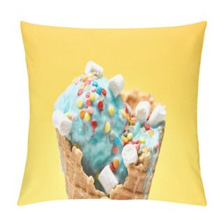 Personality  Close Up View Of Delicious Sweet Blue Ice Cream With Marshmallows And Sprinkles In Crispy Waffle Cone Isolated On Yellow Pillow Covers
